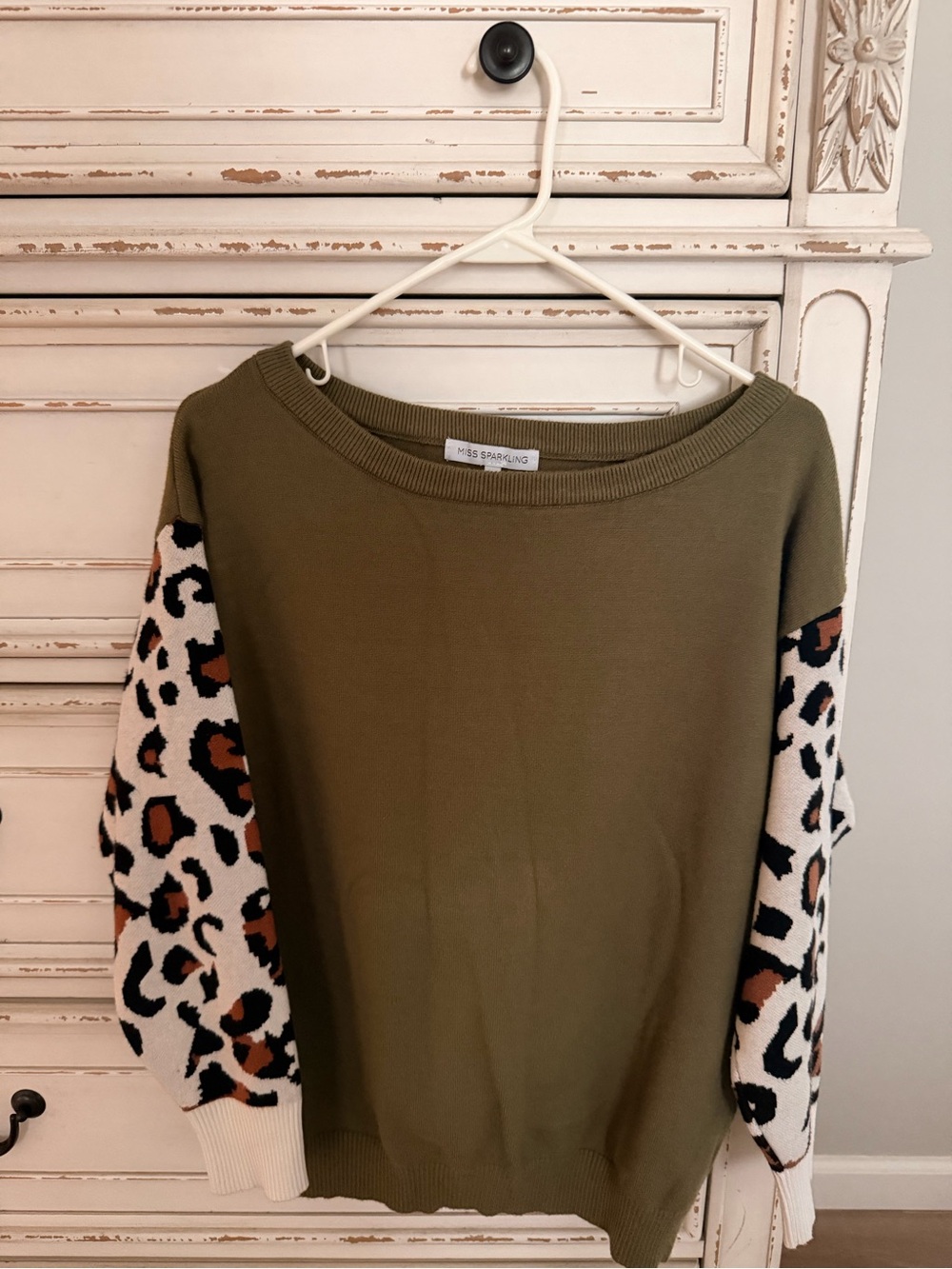 Miss Sparkling Olive Green Sweater with Leopard Print Sleeves
